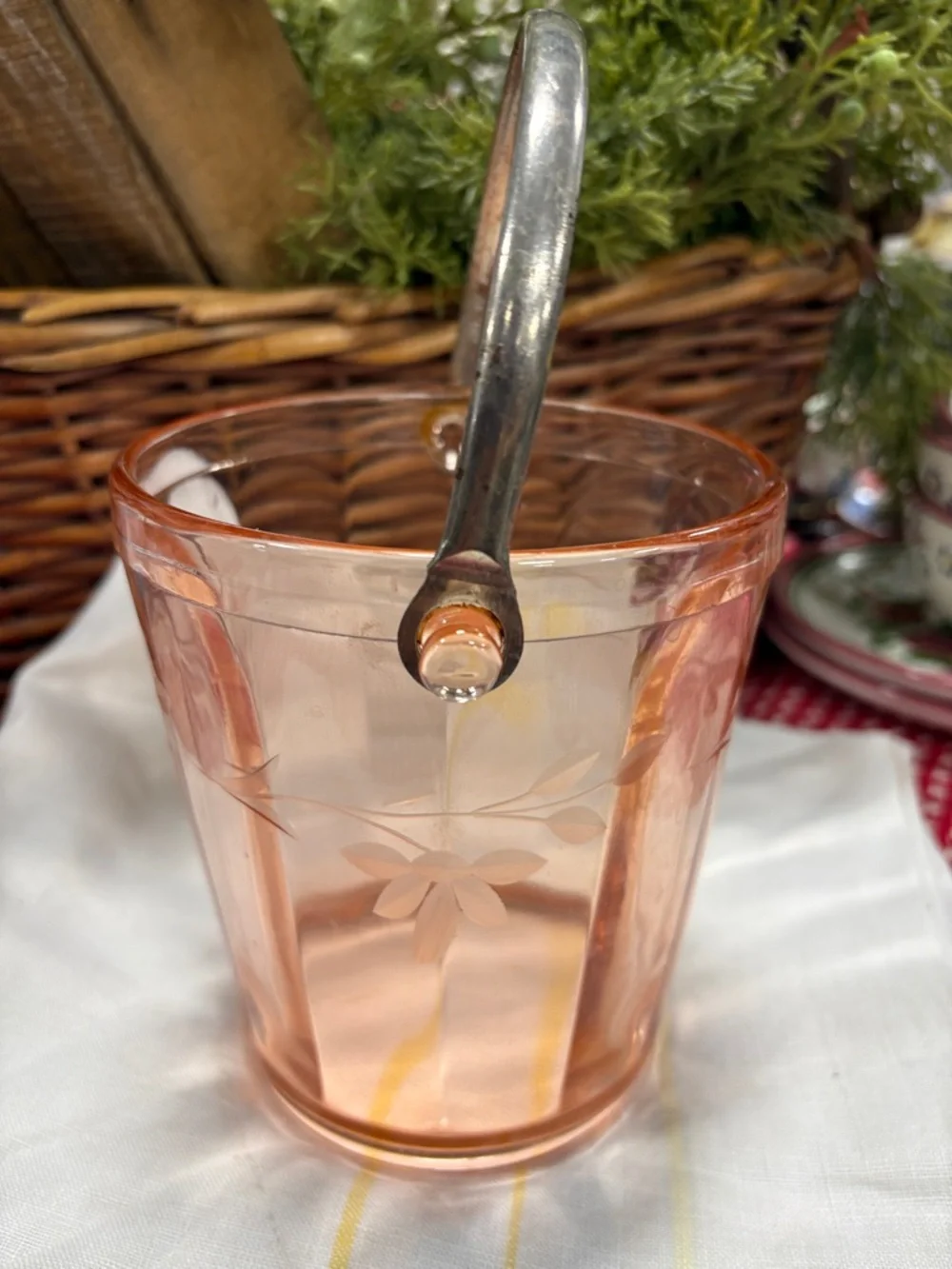 Pink Etched Glass Ice Bucket with Silver Handle